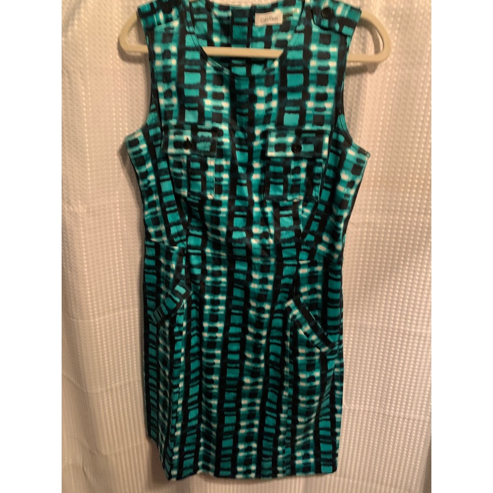 Calvin Klein Teal Black Geometric Grid Sleeveless Sheath Dress Size 12 Pocket‎